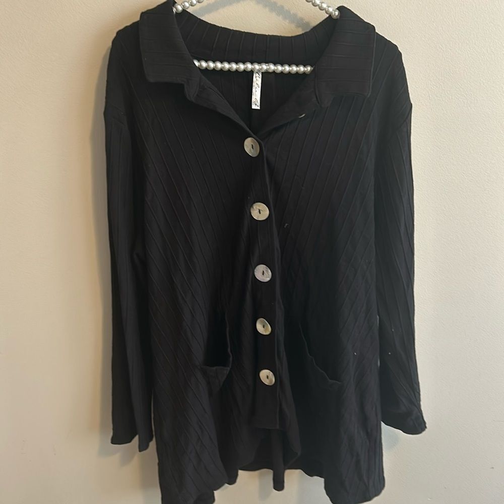 Lulu B Womens Black Ribbed Knit Button Up Collared Cardigan Sweater Pockets XL